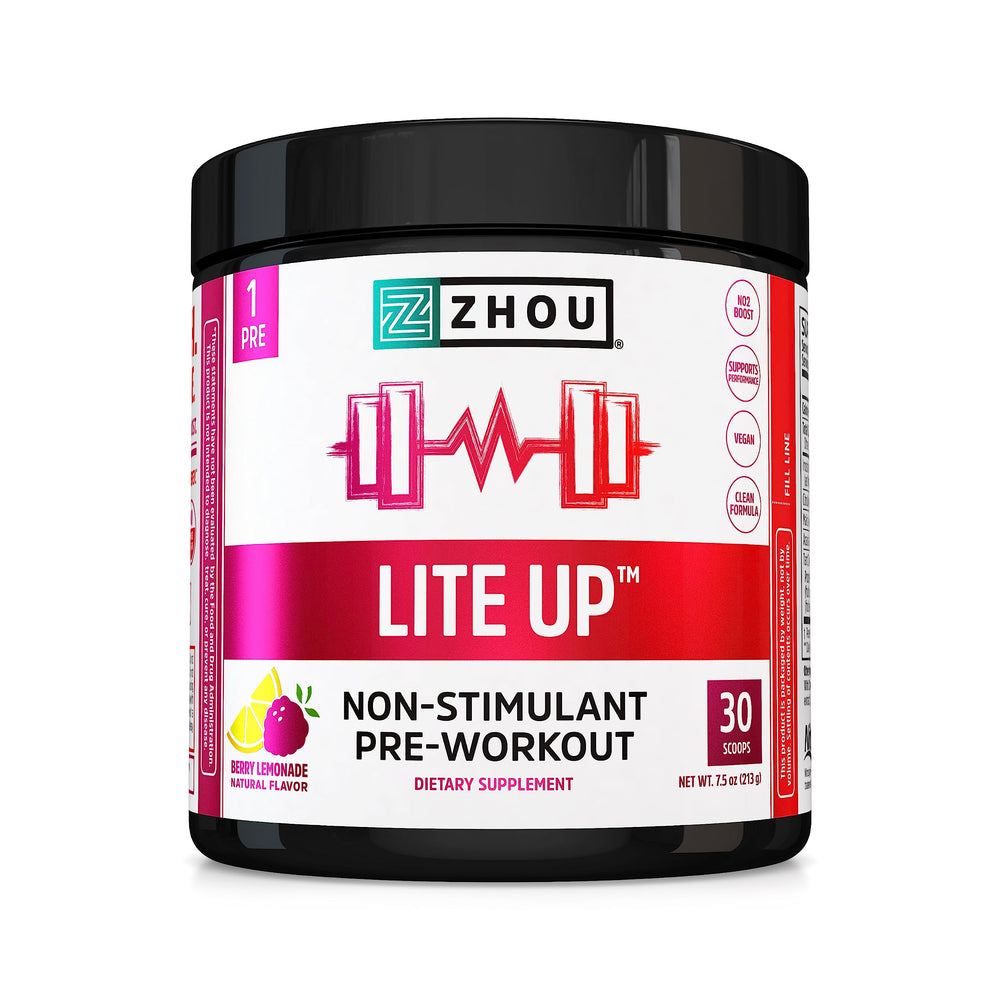 Zhou Lite Up bottle front label for caffeine-free nitric oxide support during workouts.