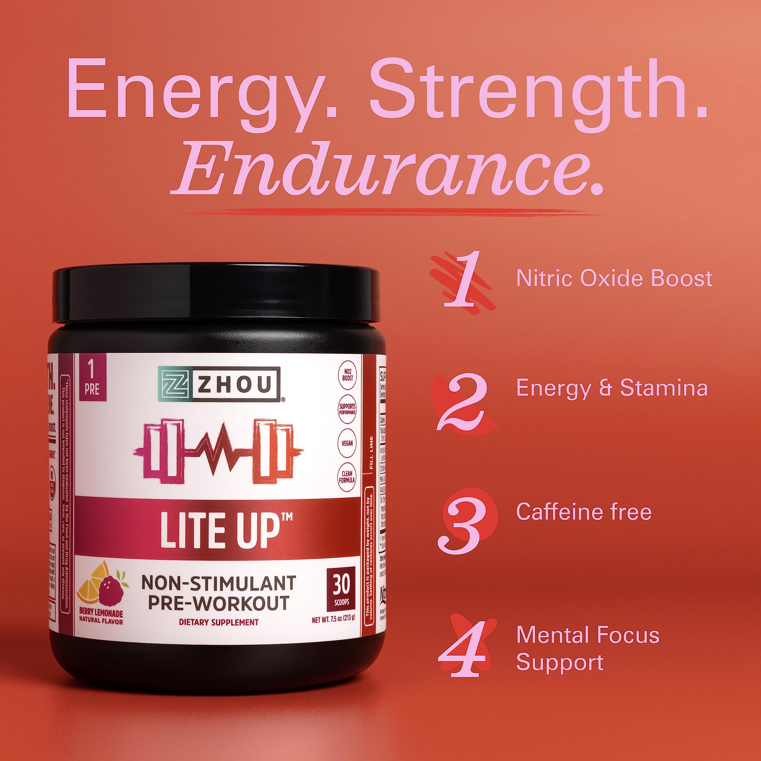 Zhou Lite Up scoop and label highlighting 30 servings for clean pre-workout energy.