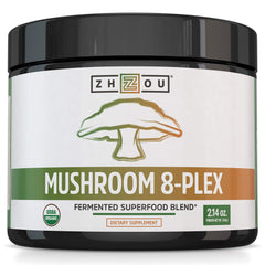 Front view of Zhou Mushroom 8-Plex powder jar (60 g)