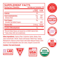 Nutrition label showing 5 g creatine per chew and vitamin B-12