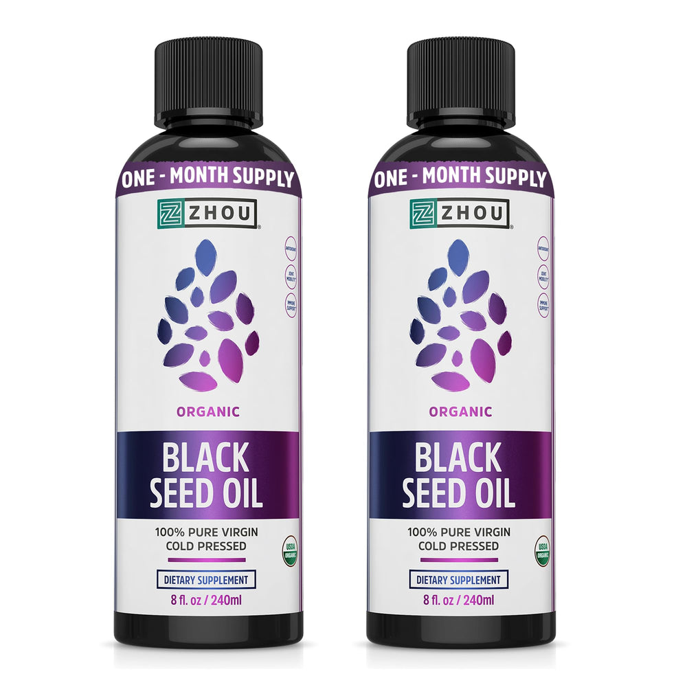 ZHOU Organic Black Seed Oil bottle with label for daily wellness use