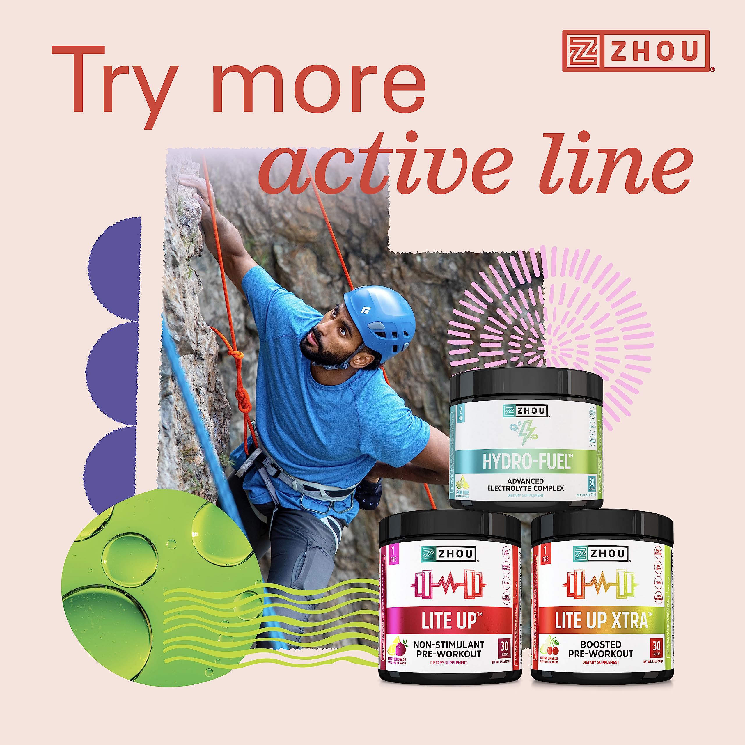 ZHOU active-lifestyle shot suggests versatile use during workouts and outdoor adventures