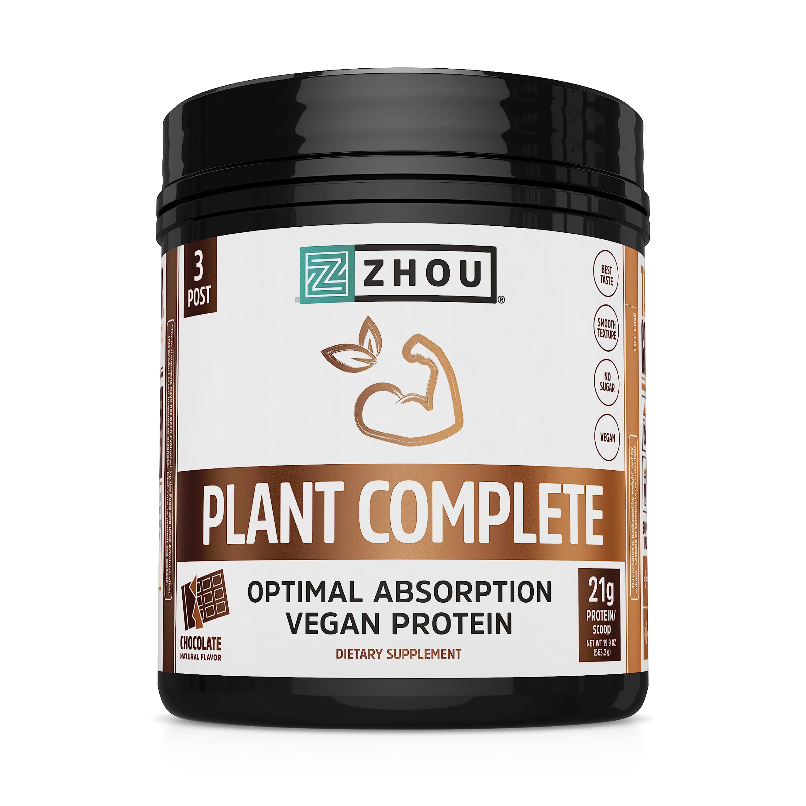 ZHOU Plant Complete protein powder tub front highlights 21g per serving for post-workout fueling