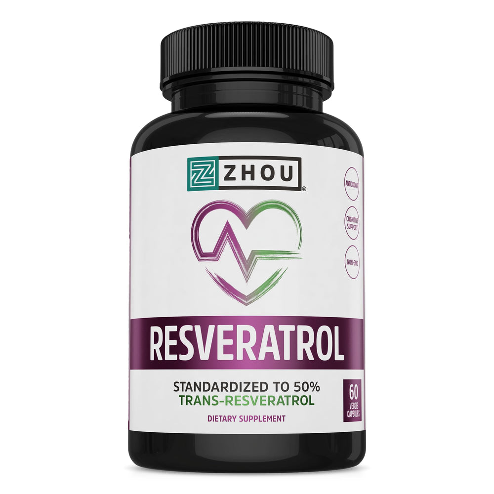 ZHOU Resveratrol bottle label showing 50 percent trans-resveratrol potency