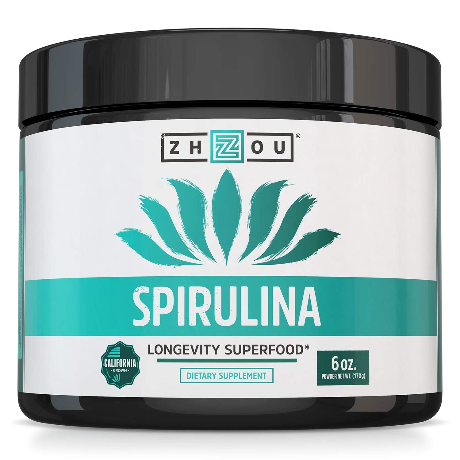 Front view of Zhou Spirulina Powder 6 oz jar