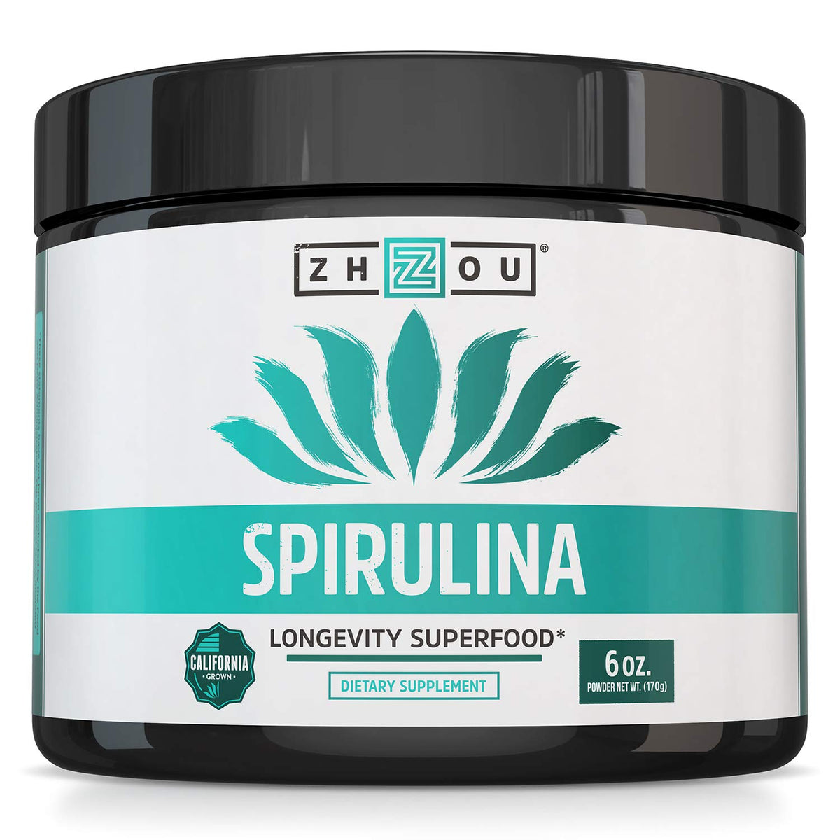 Front view of Zhou Spirulina Powder 6 oz jar