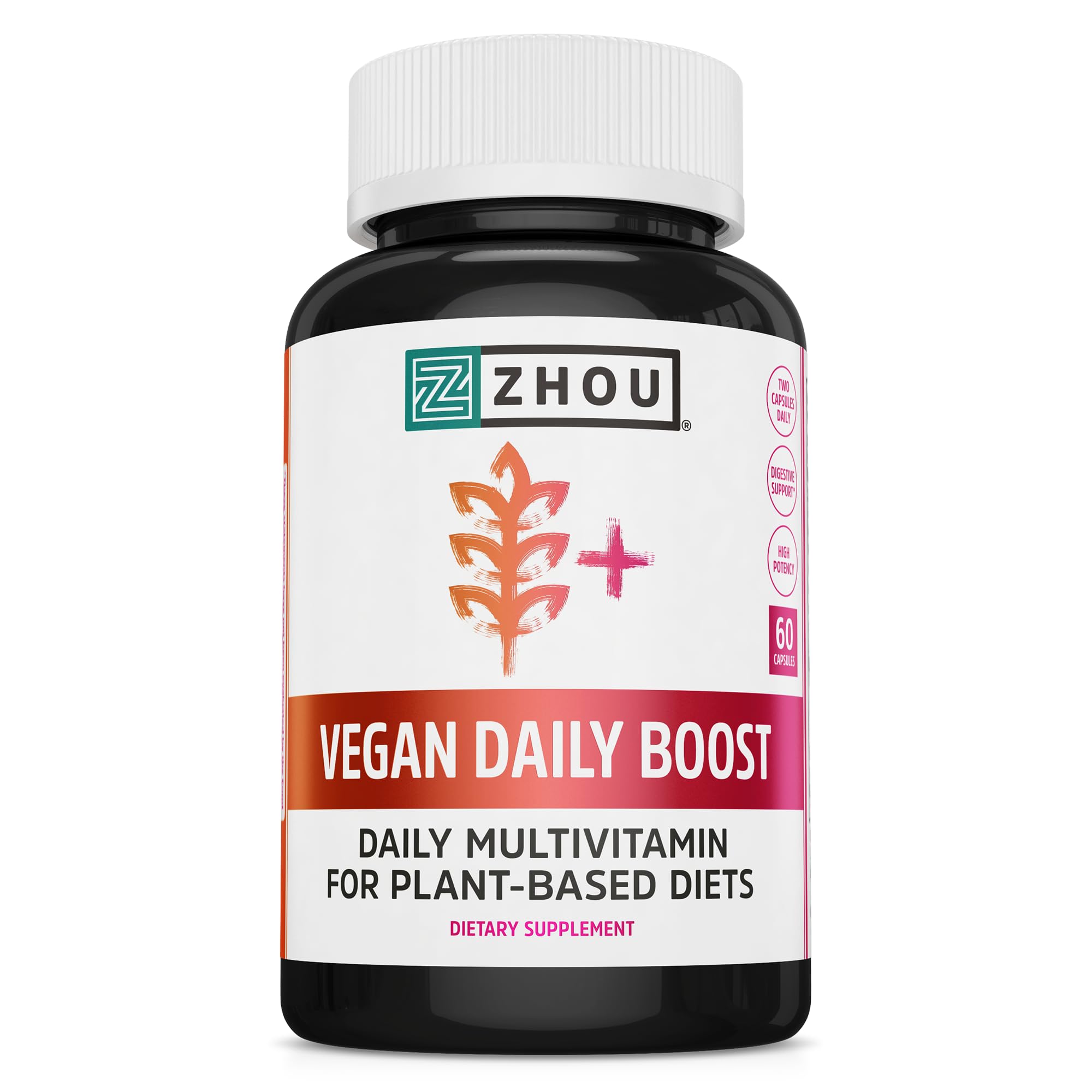 Front view of Zhou Vegan Multivitamin bottle (60 Veg Caps)