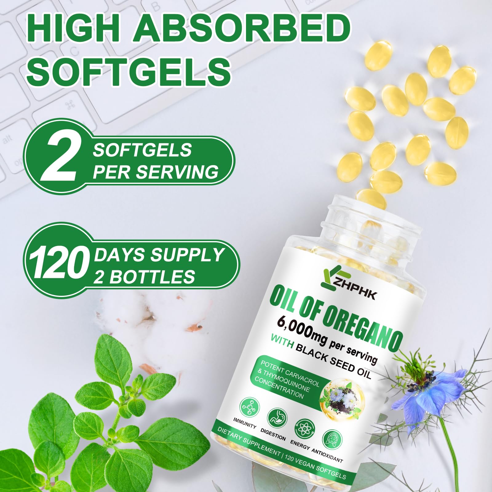 Premium Oregano Oil Softgels packaging display