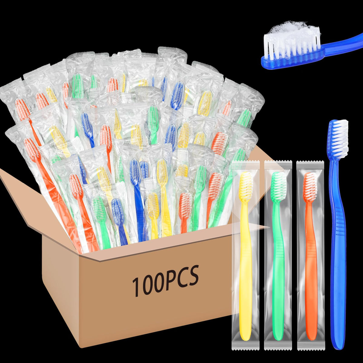 Assorted blue, green, orange, and yellow prepasted disposable toothbrushes, 17.5 cm length