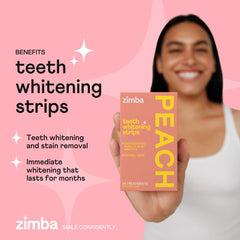 Zimba Peach Teeth Whitening Strips packaging and 28 strips