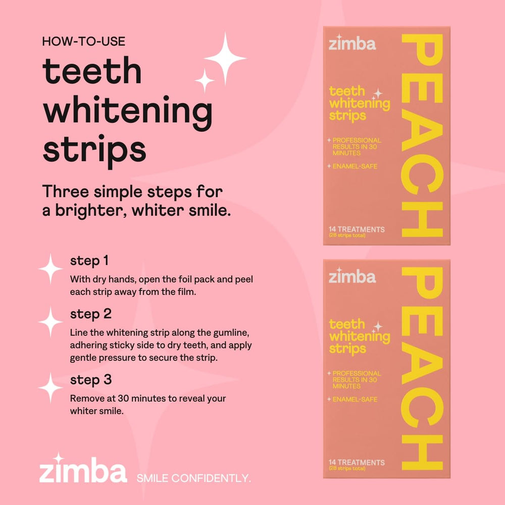 Two-pack packaging of Zimba Whitening Strips with 28 strips per pack