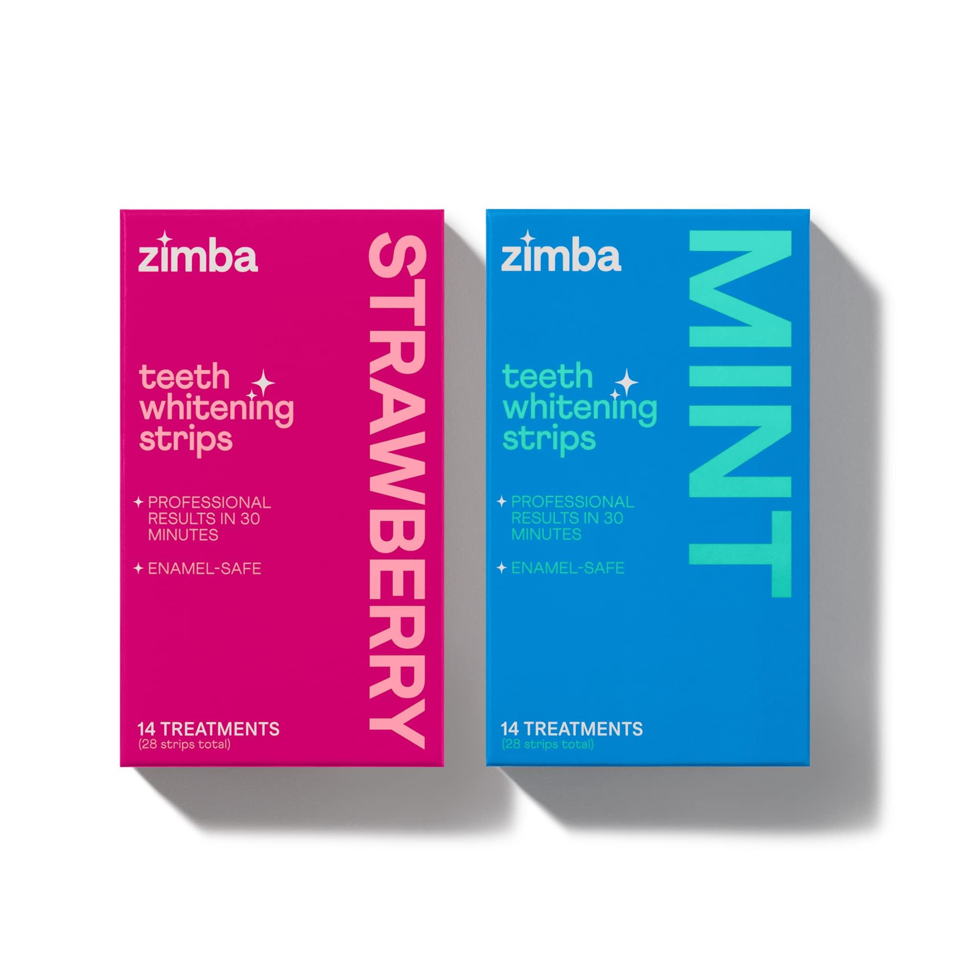 Zimba Teeth Whitening Strips with Strawberry Mint flavor and two 28-strip packs