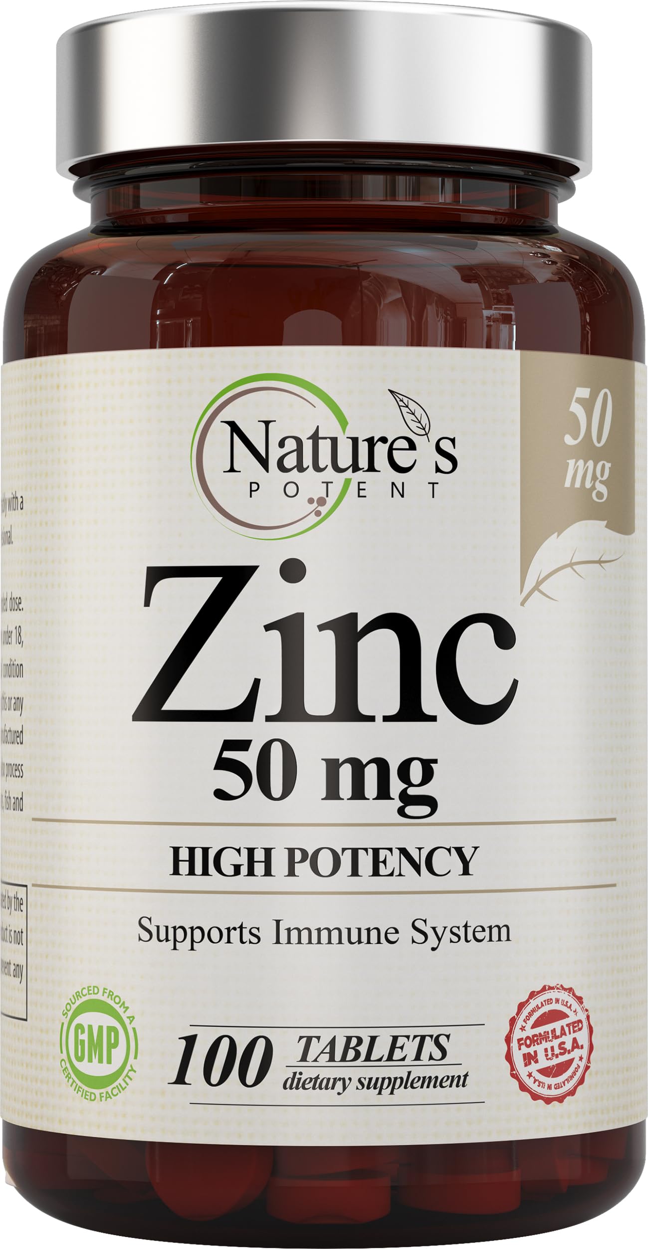 Zinc 50mg supplement bottle by Nature’s Potent