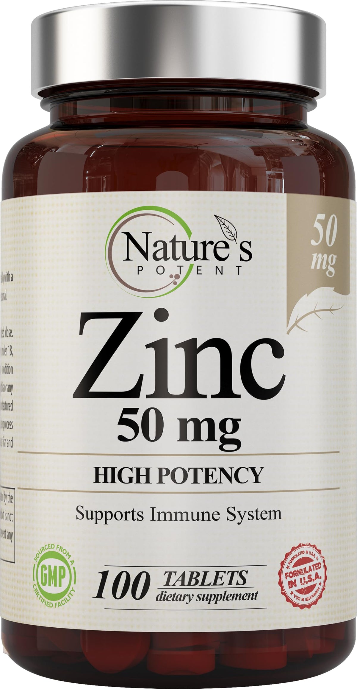 Zinc 50mg supplement bottle by Nature’s Potent