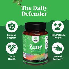Zinc 50mg supplement bottle with vitamin imagery