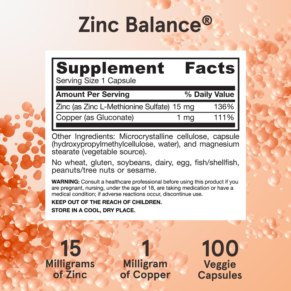 Supplement facts panel for Zinc Balance