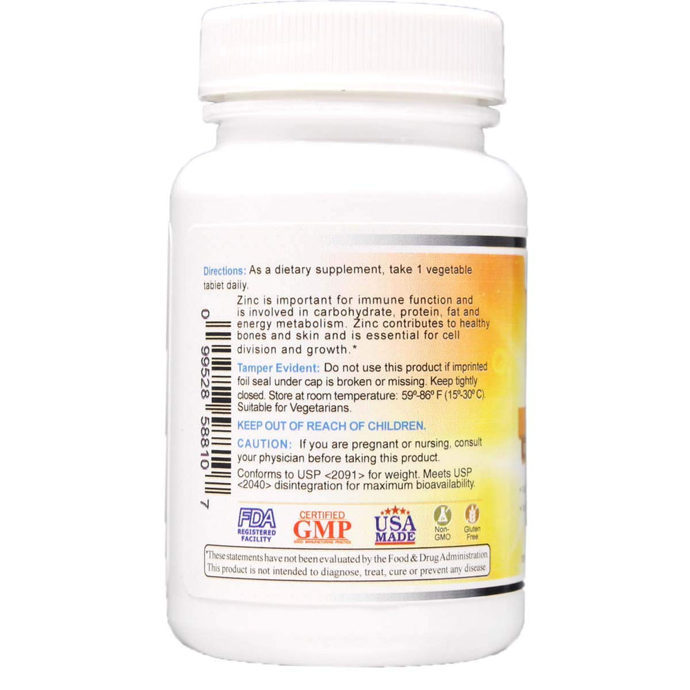 Vegan, gluten-free, non-GMO zinc gluconate 50 mg label