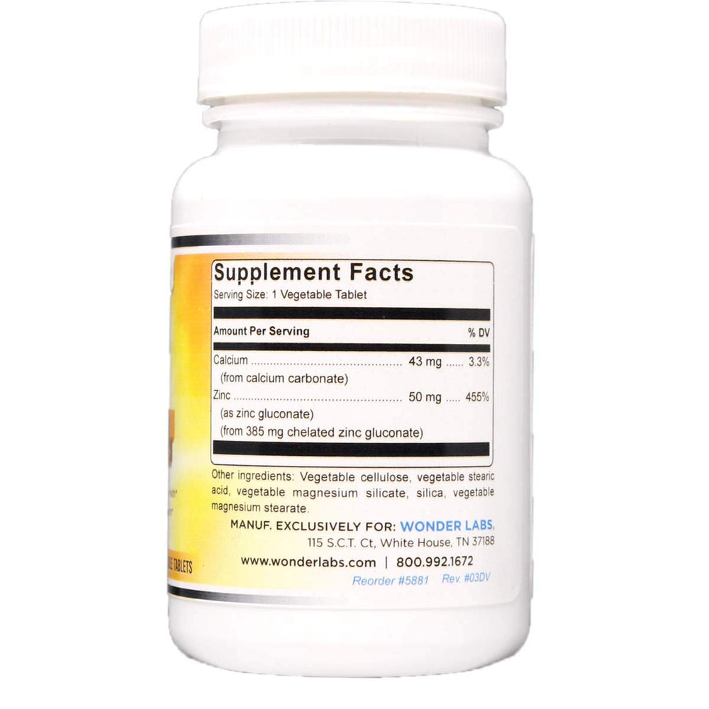 Close-up of 50 mg chelated zinc gluconate tablet