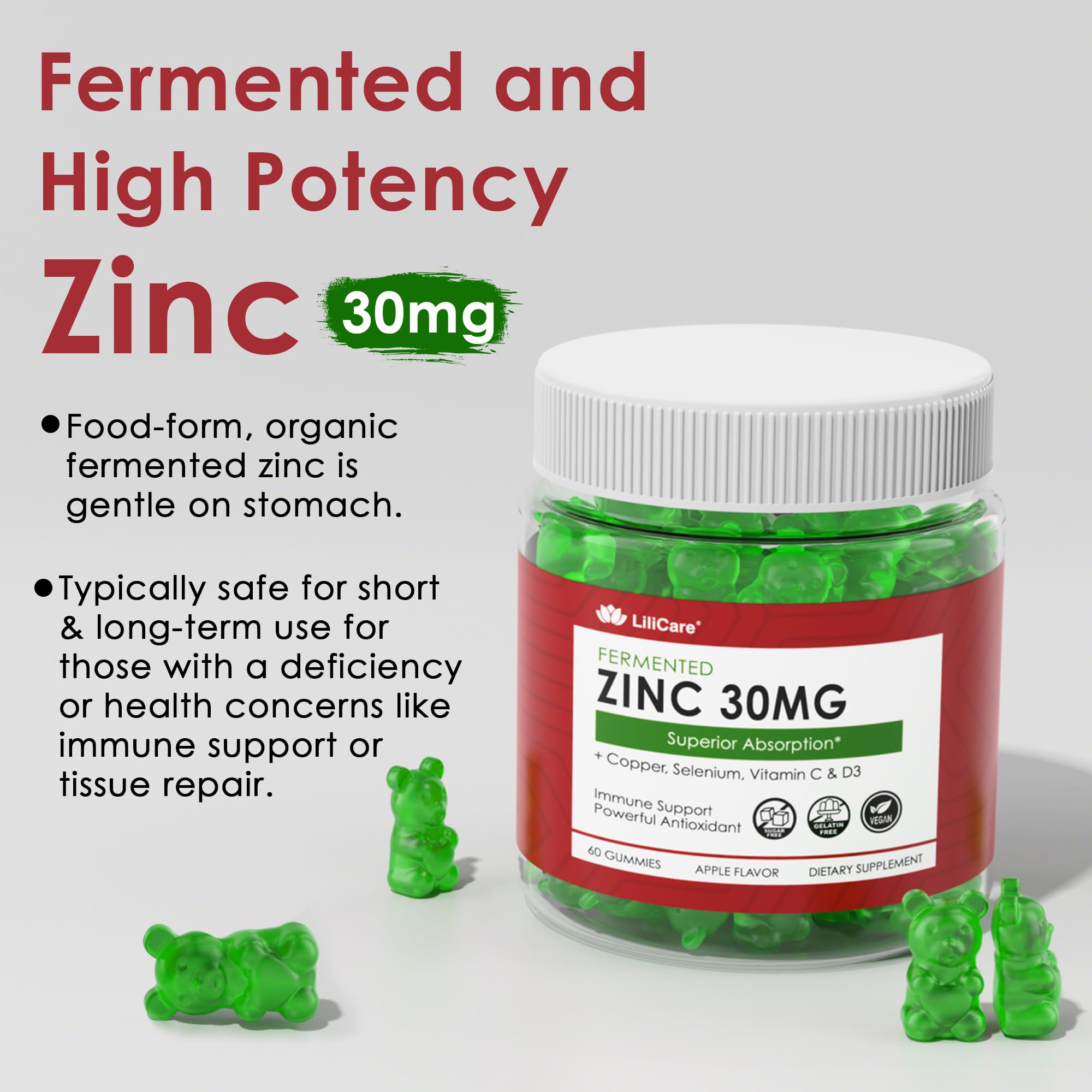 Zinc gummies with copper, selenium, vitamin C & D3 ingredients