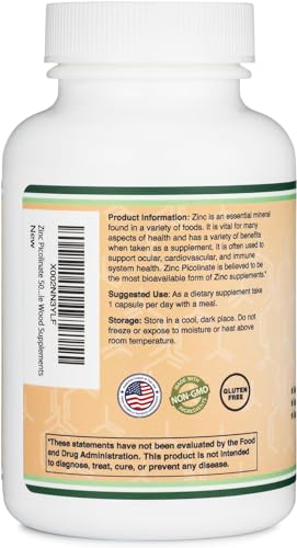 Supplement facts panel showing 50mg zinc picolinate per capsule