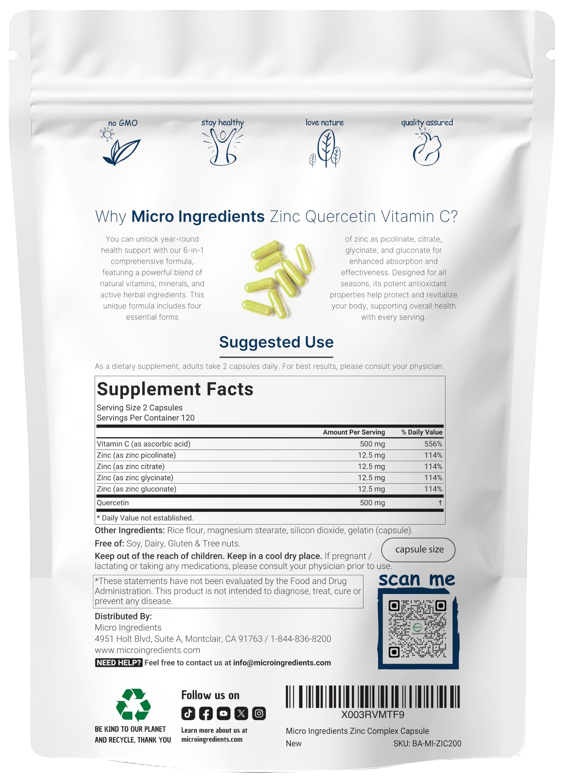 Graphic showing zinc quercetin and vitamin C ingredients