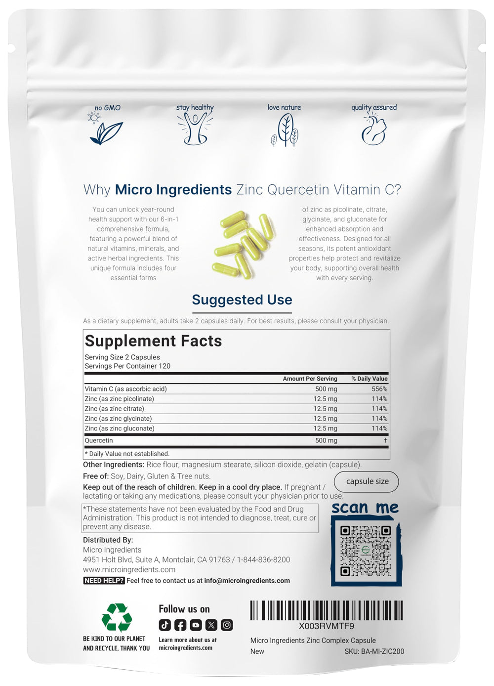 Graphic showing zinc quercetin and vitamin C ingredients