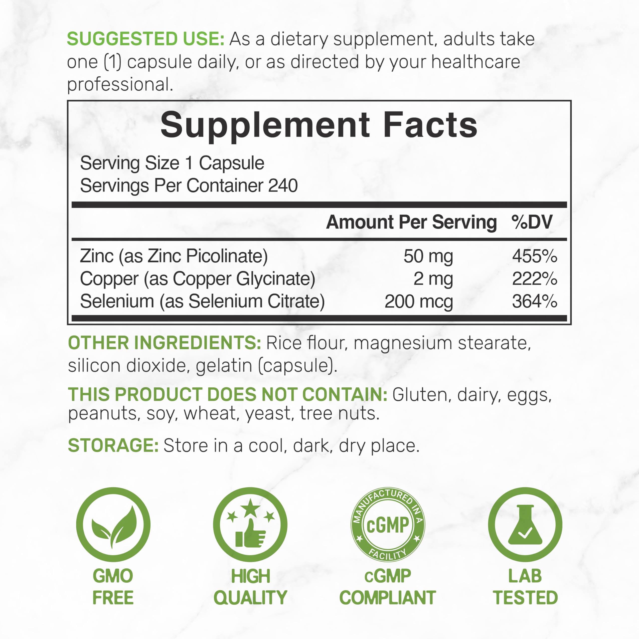 Label showing zinc, selenium and copper 3-in-1 mineral formula