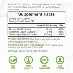 Label showing zinc, selenium and copper 3-in-1 mineral formula