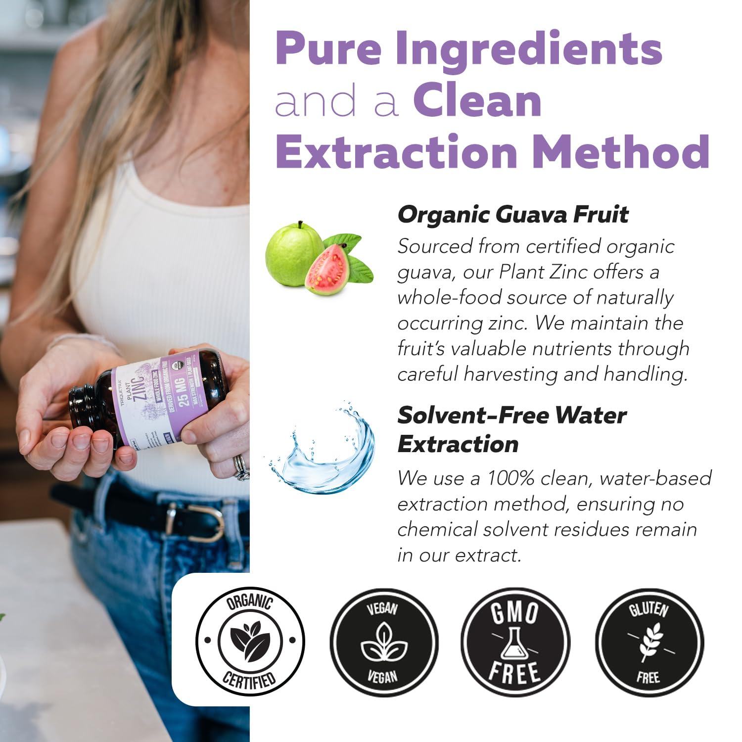 Packaging highlighting vegan, GMO-free, gluten-free, and soy-free zinc