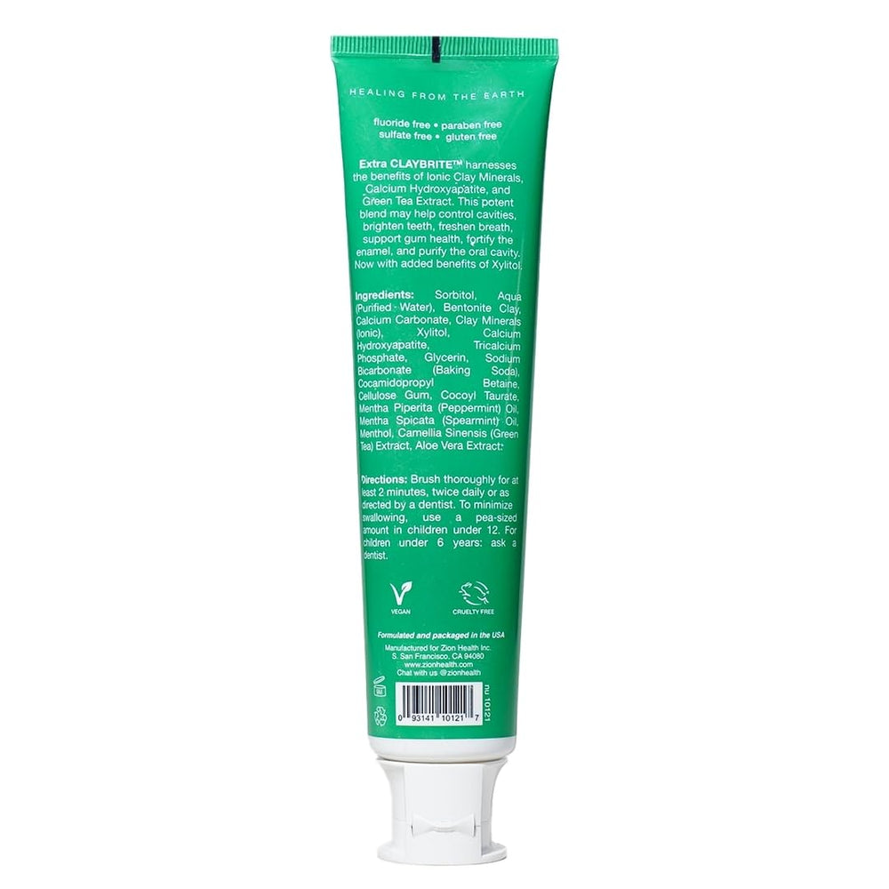 Claybrite toothpaste tube with mint flavor close-up