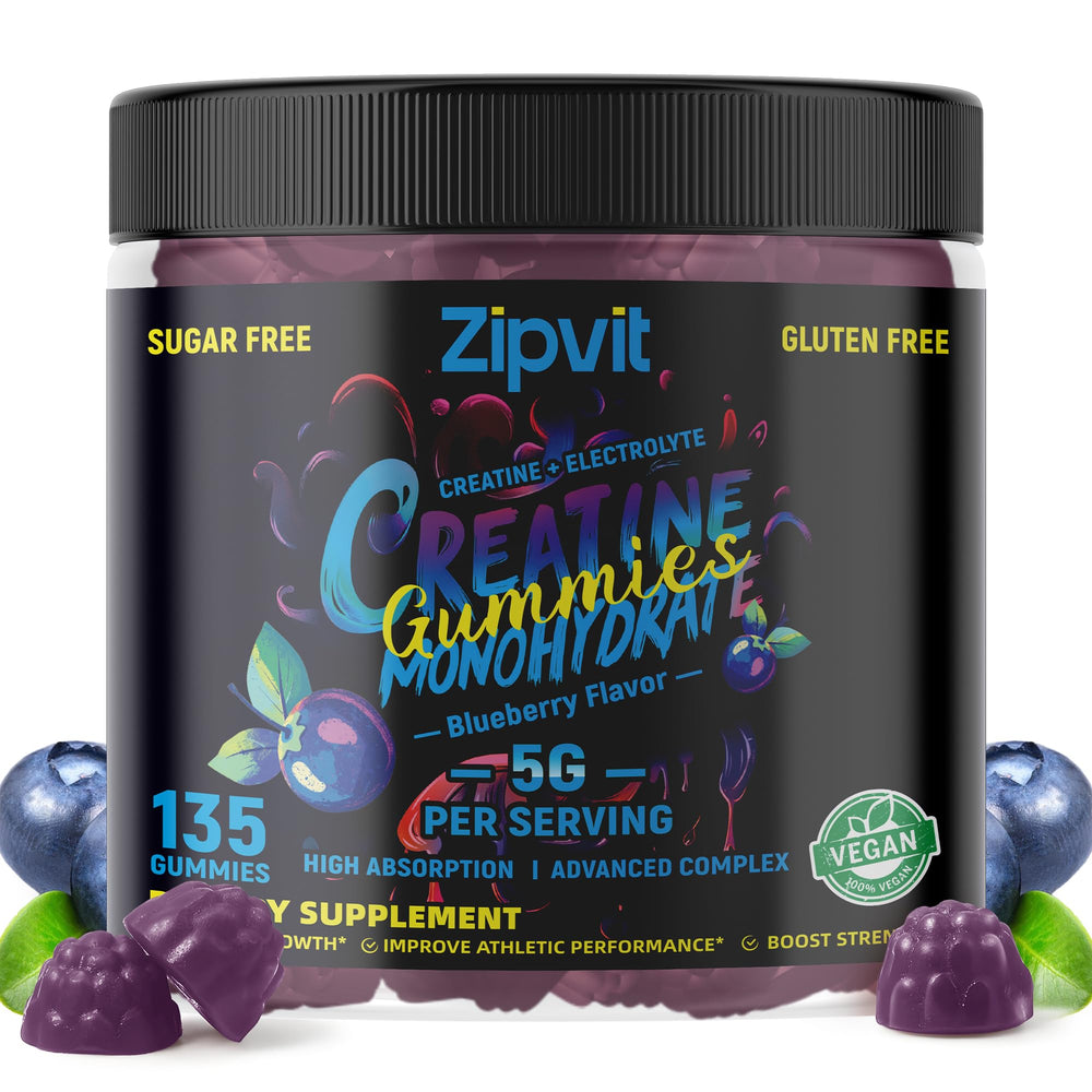 Zipvit Creatine Monohydrate Gummies 5g bottle with label close-up