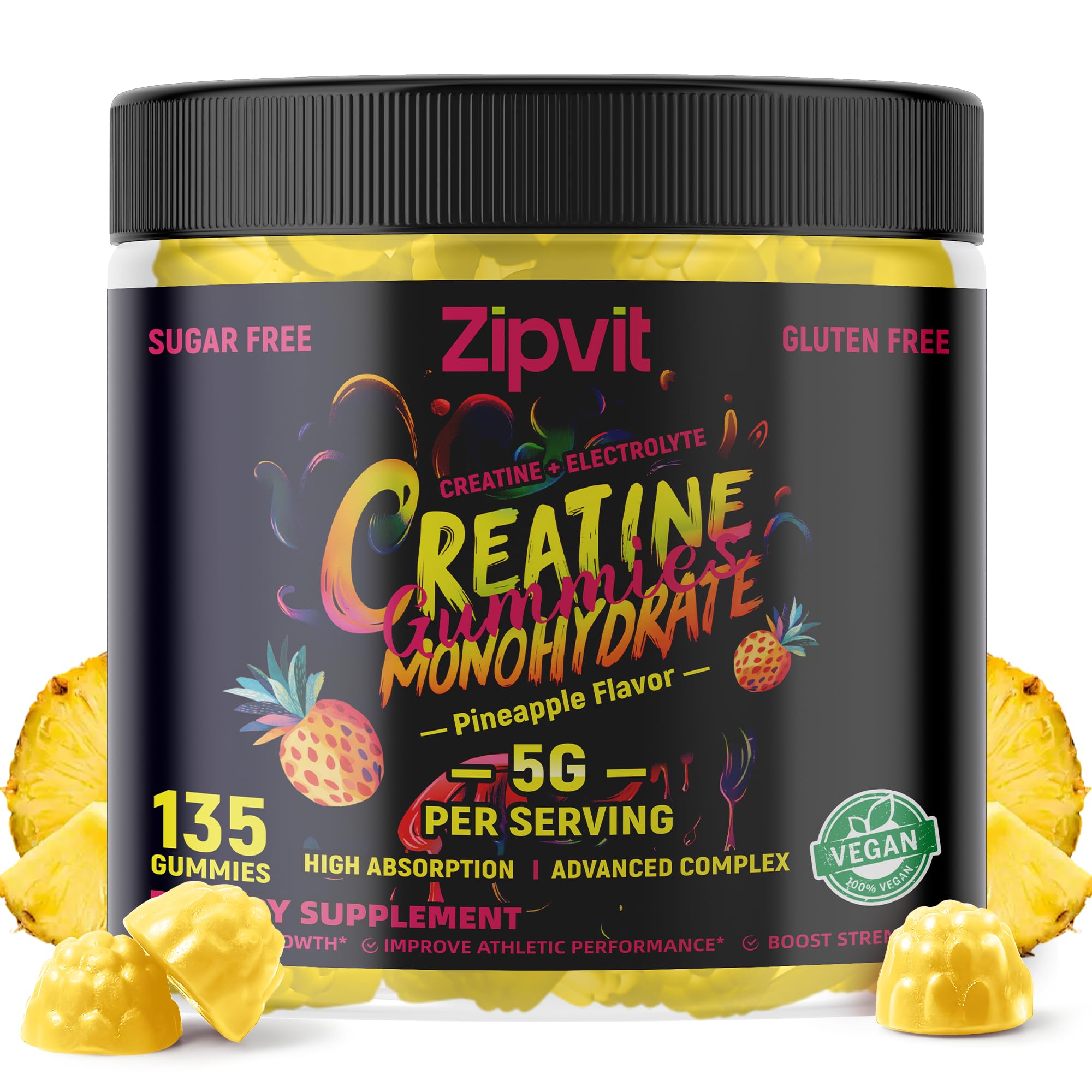 Zipvit Creatine Monohydrate Gummies bottle with pineapple electrolyte flavor