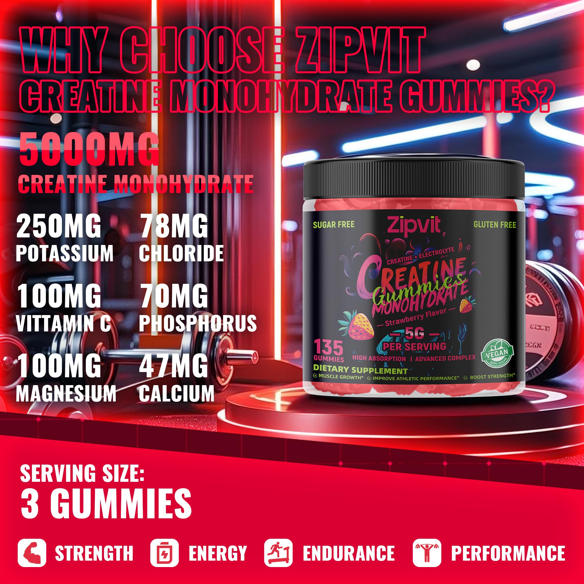 Front packaging view of Zipvit Creatine Monohydrate Gummies