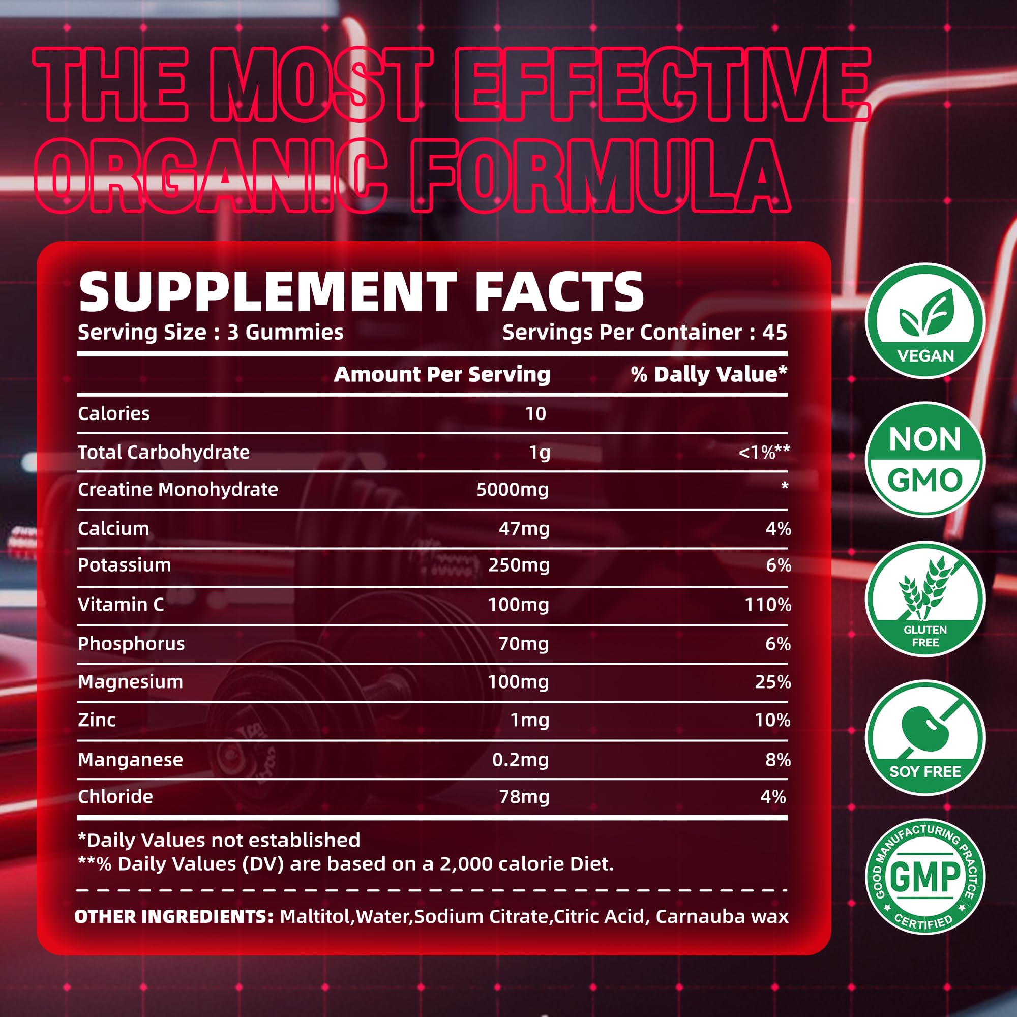 Serving size showing 3 gummies equals 5g creatine monohydrate