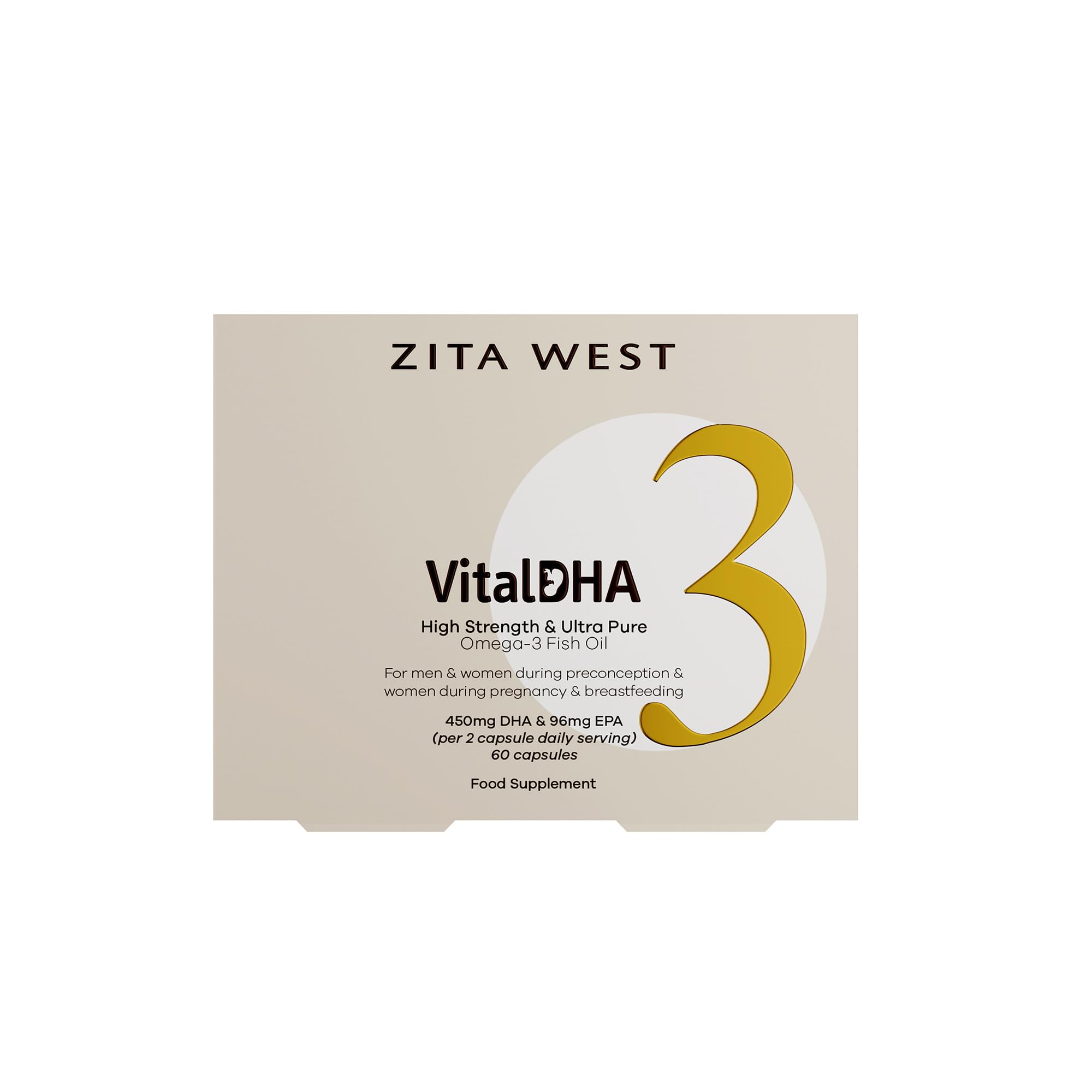 Zita West Vital DHA bottle and capsules on white background