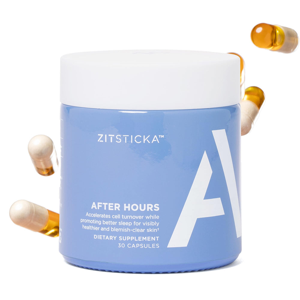 Front view of ZitSticka Vitamin Acne Supplement bottle with 30 capsules