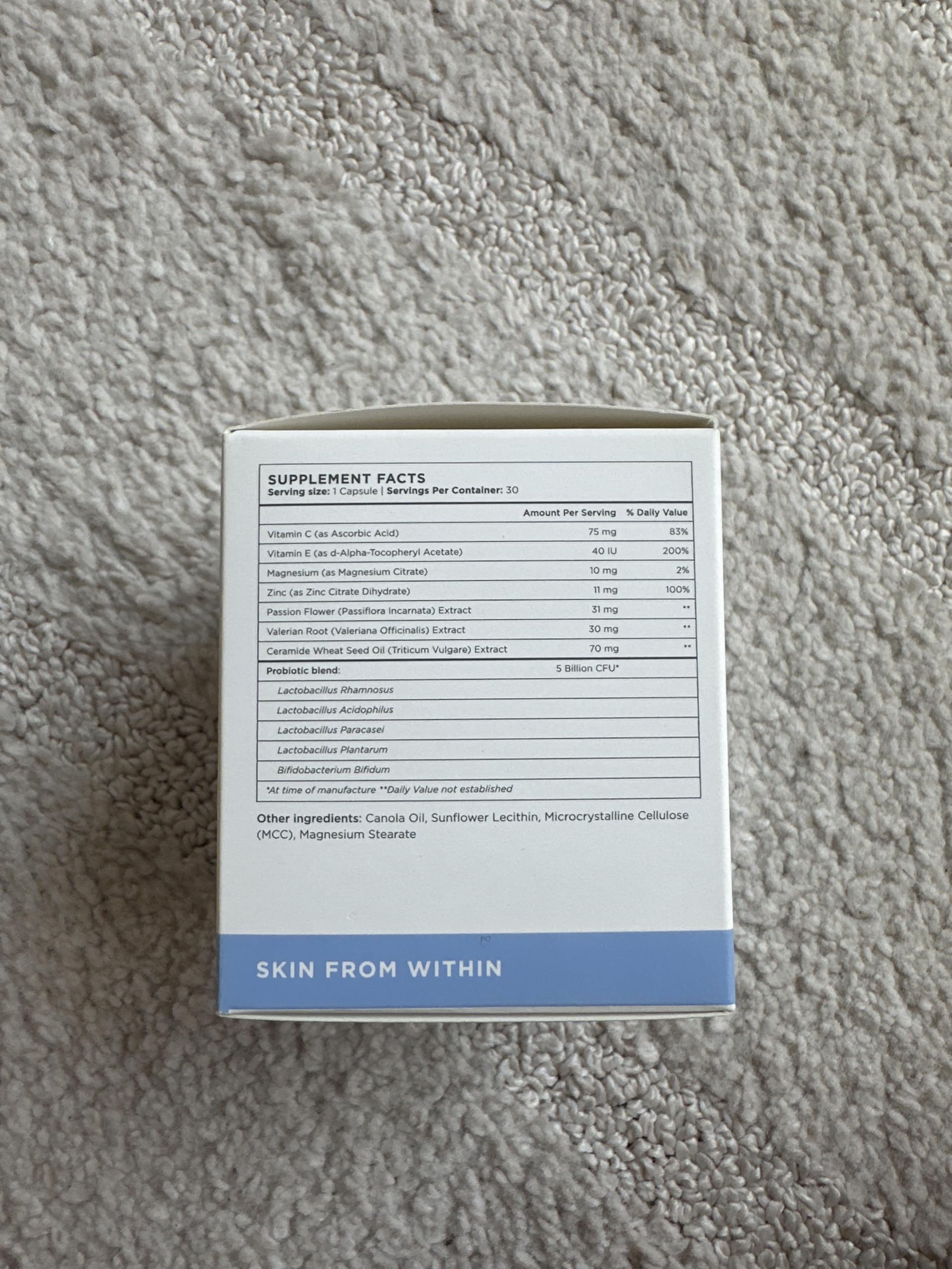 Back label of ZitSticka Vitamin Acne Supplement bottle with ingredients