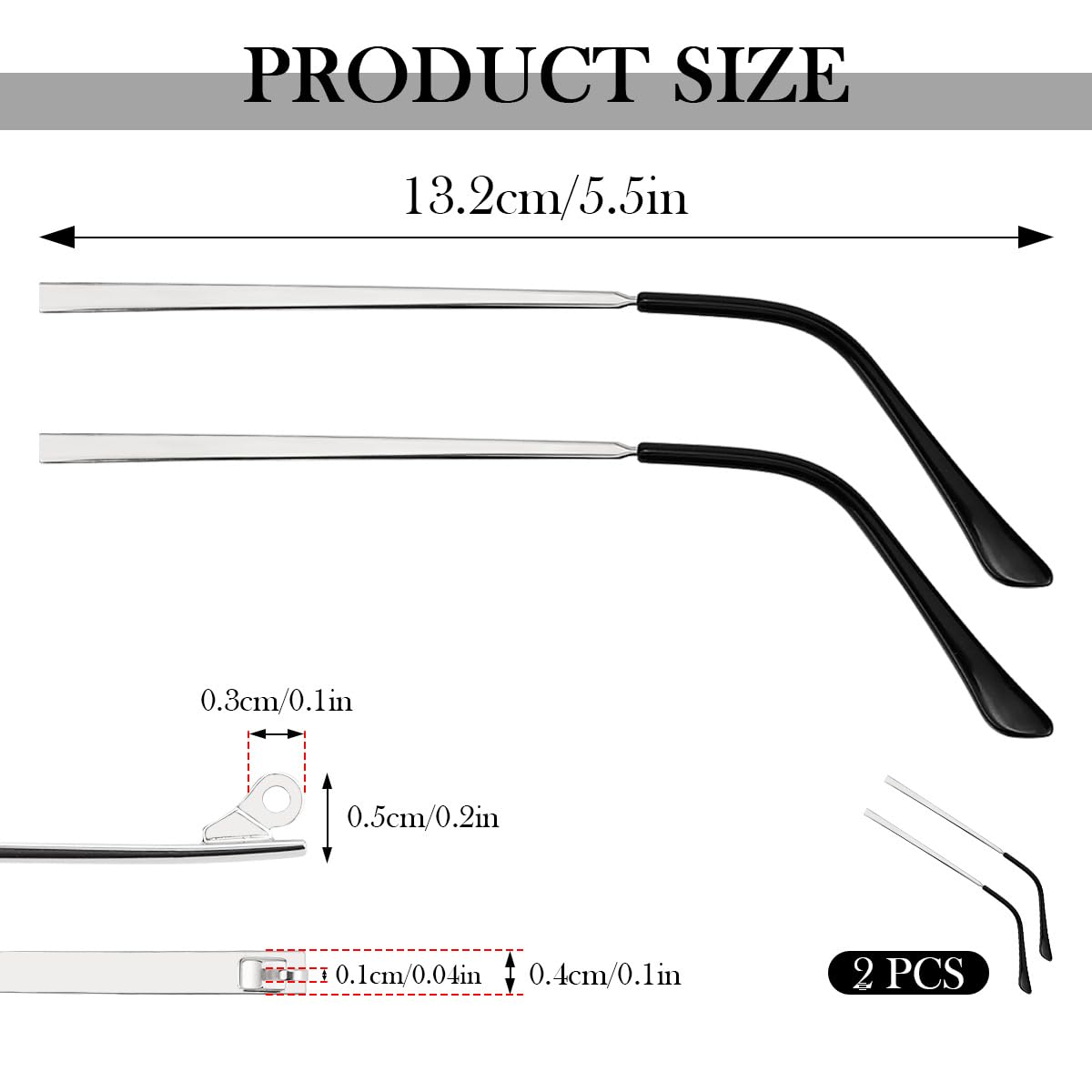 Close up of universal replacement glasses arms compatible with metal and plastic frames