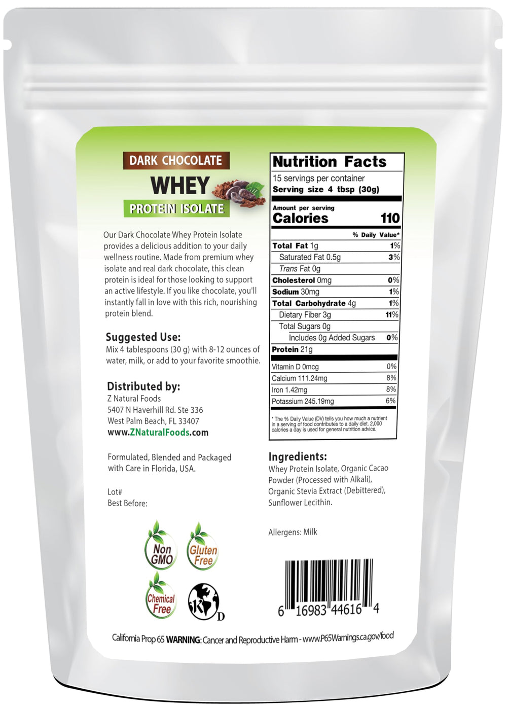 Z Natural Foods whey protein isolate dark chocolate powder ready for smoothies