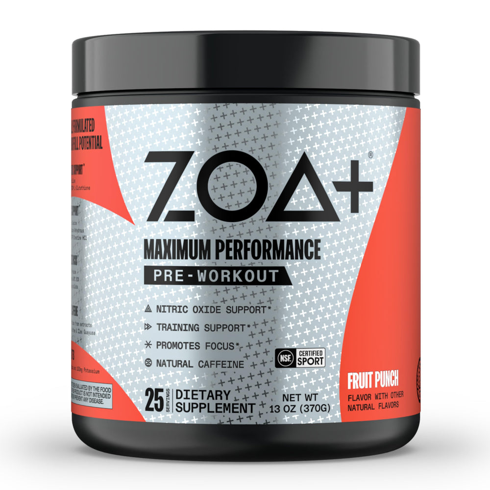 ZOA+ Zero Sugar Fruit Punch pre-workout canister front view
