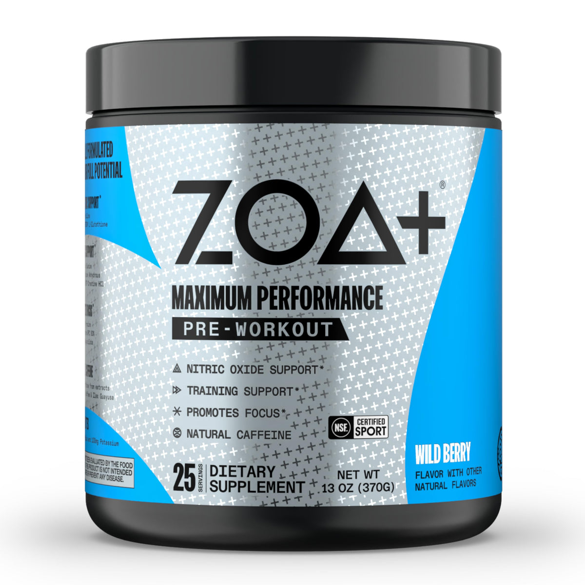 Front label of ZOA+ Zero Sugar Pre Workout Powder Wild Berry