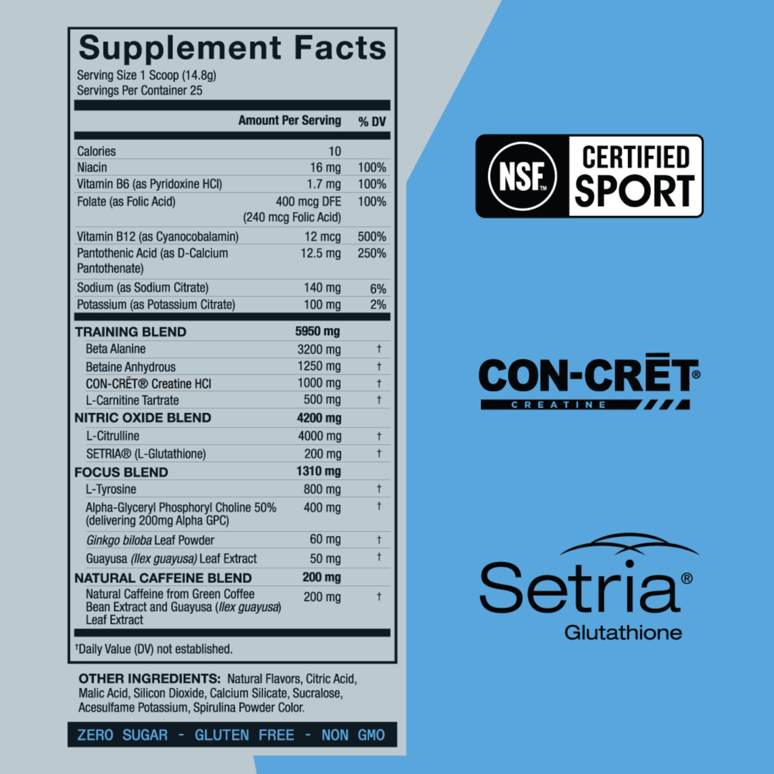 Key ingredients on ZOA+ Wild Berry formula including electrolytes and creatine