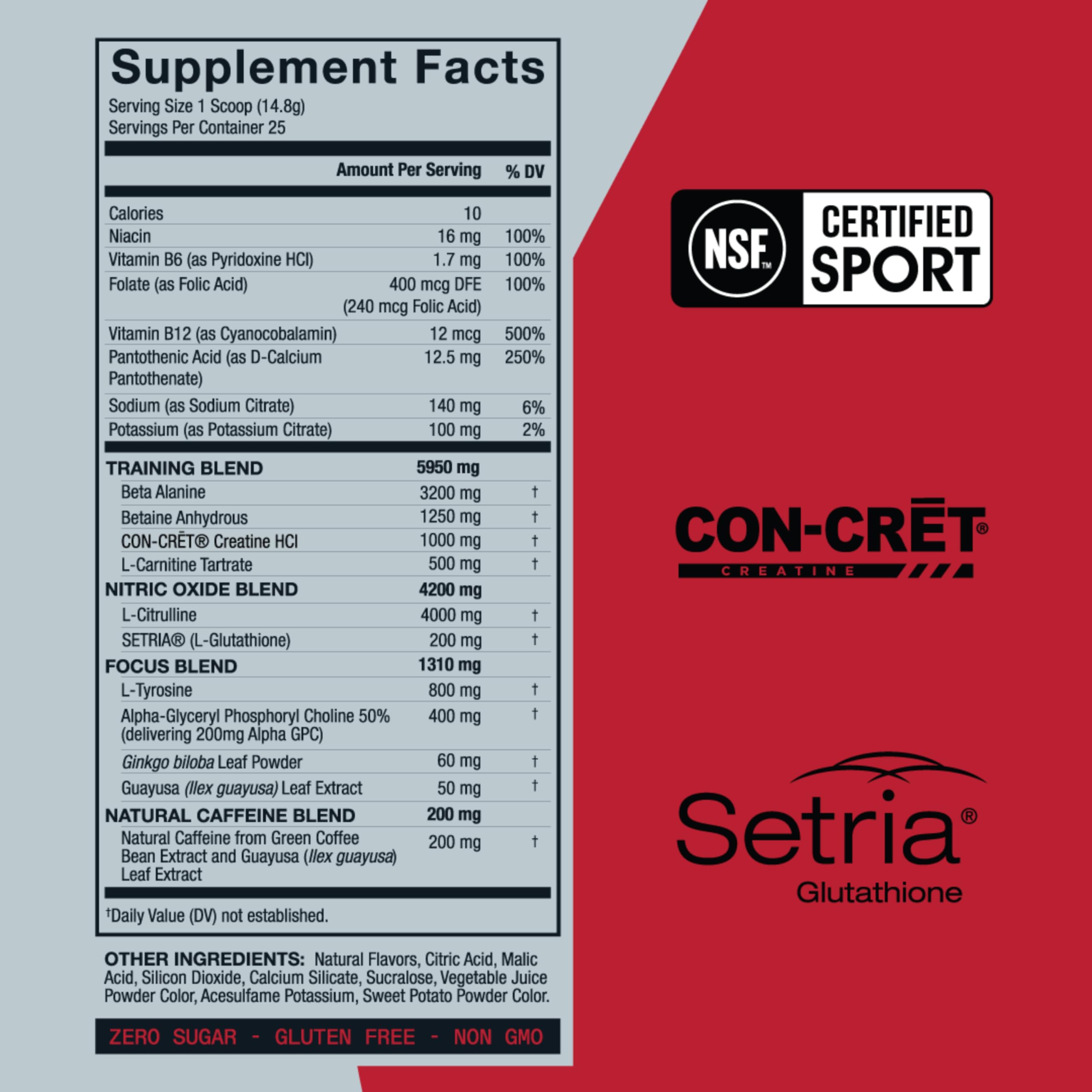 Ingredient list for ZOA+ Cherry Lime pre workout
