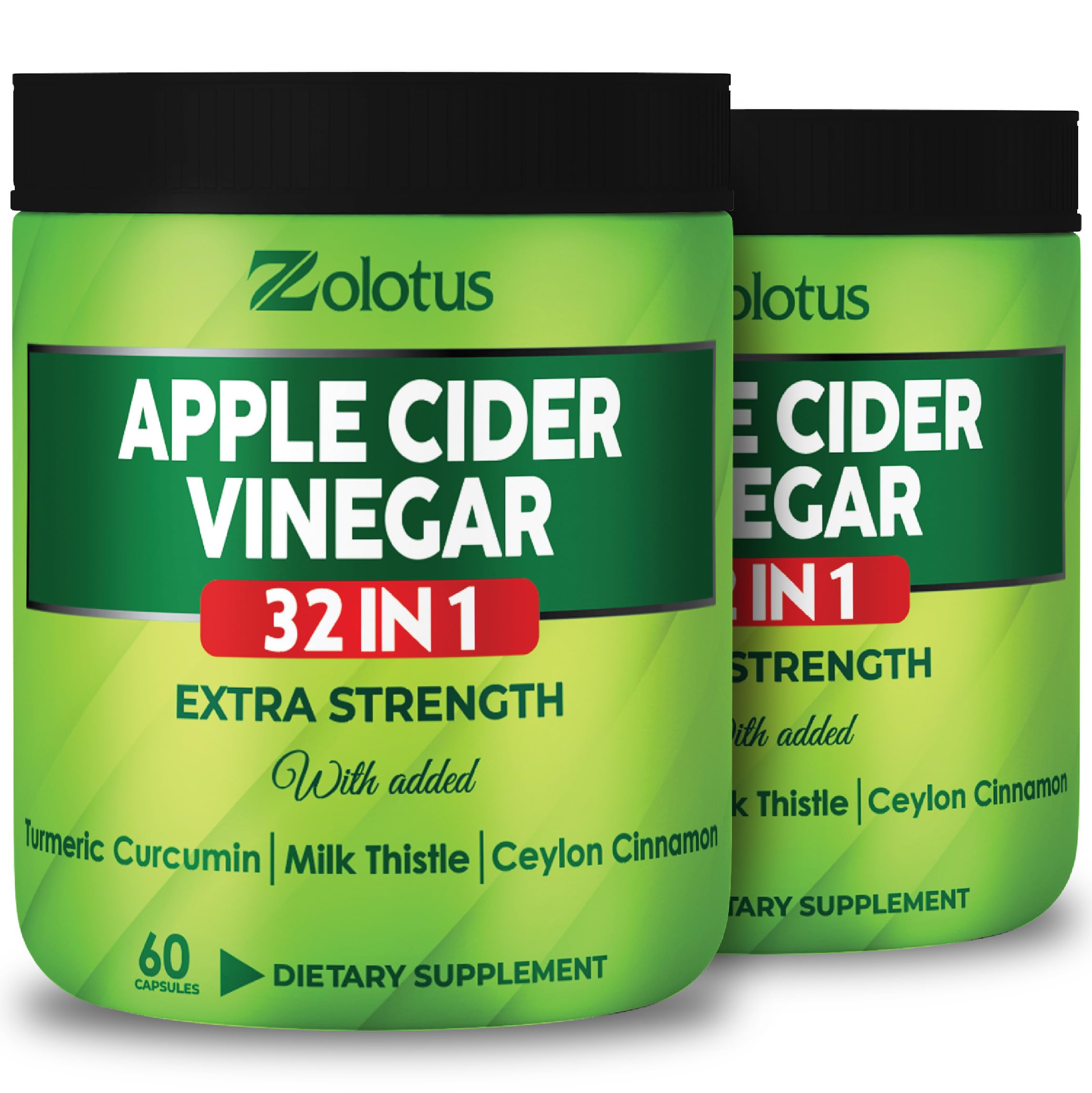 Front view of Zolotus Apple Cider Vinegar Capsules 32in1 two-pack with turmeric and cinnamon, 60 capsules