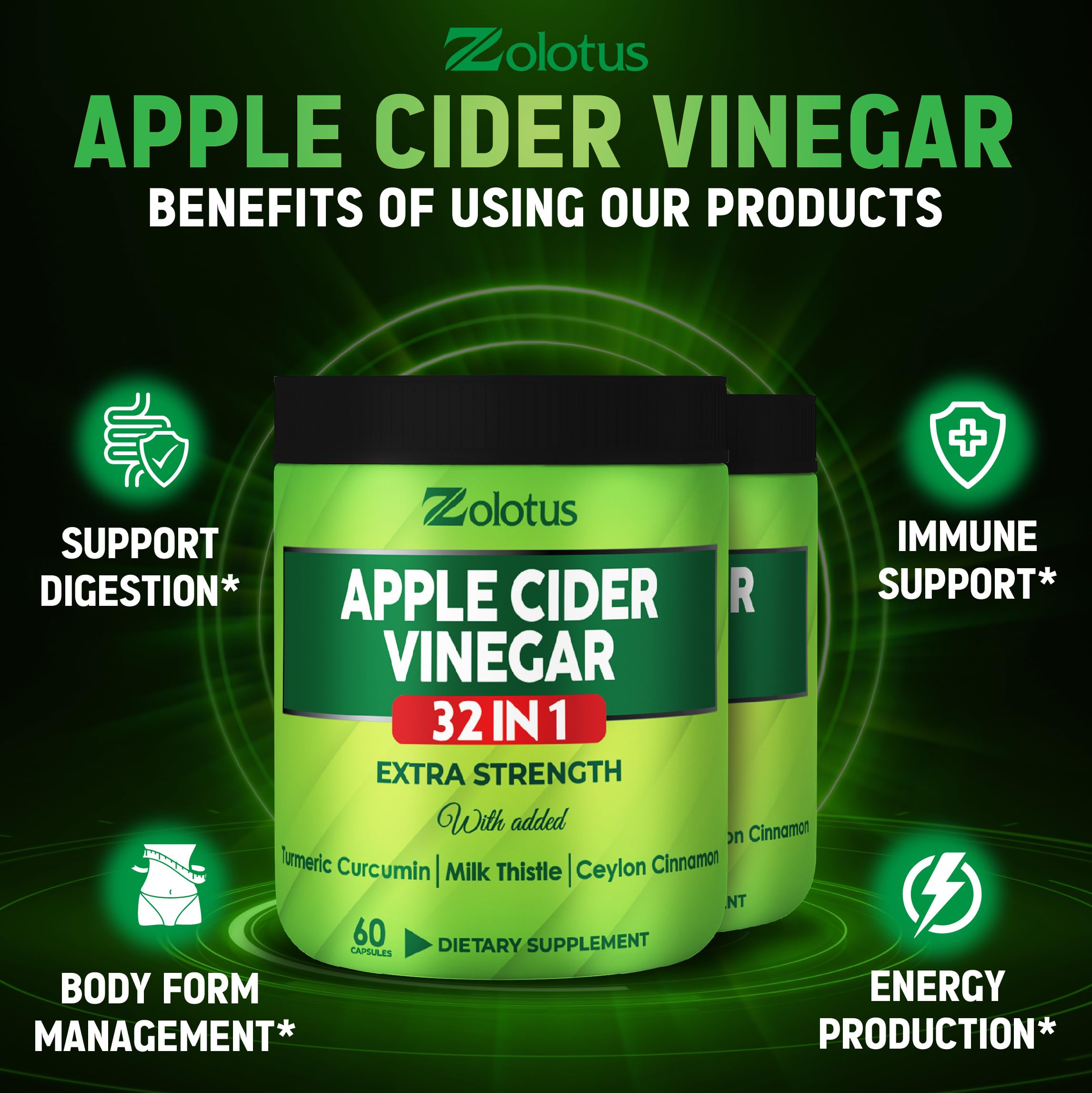Vegan, non-GMO, gluten-free labels on Zolotus Apple Cider Vinegar Capsules