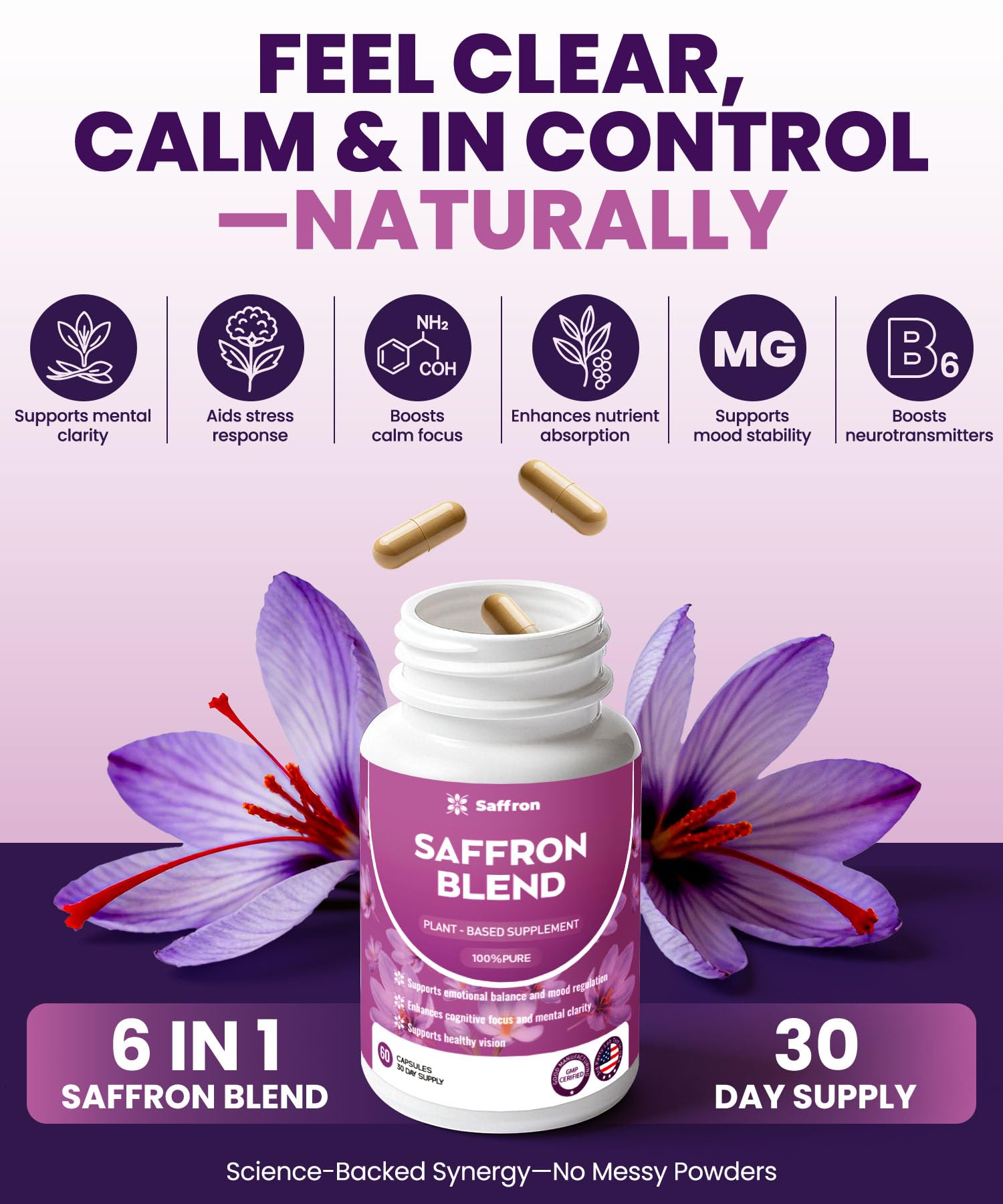 Close-up of ZonaVitalis saffron blend capsules next to bottle
