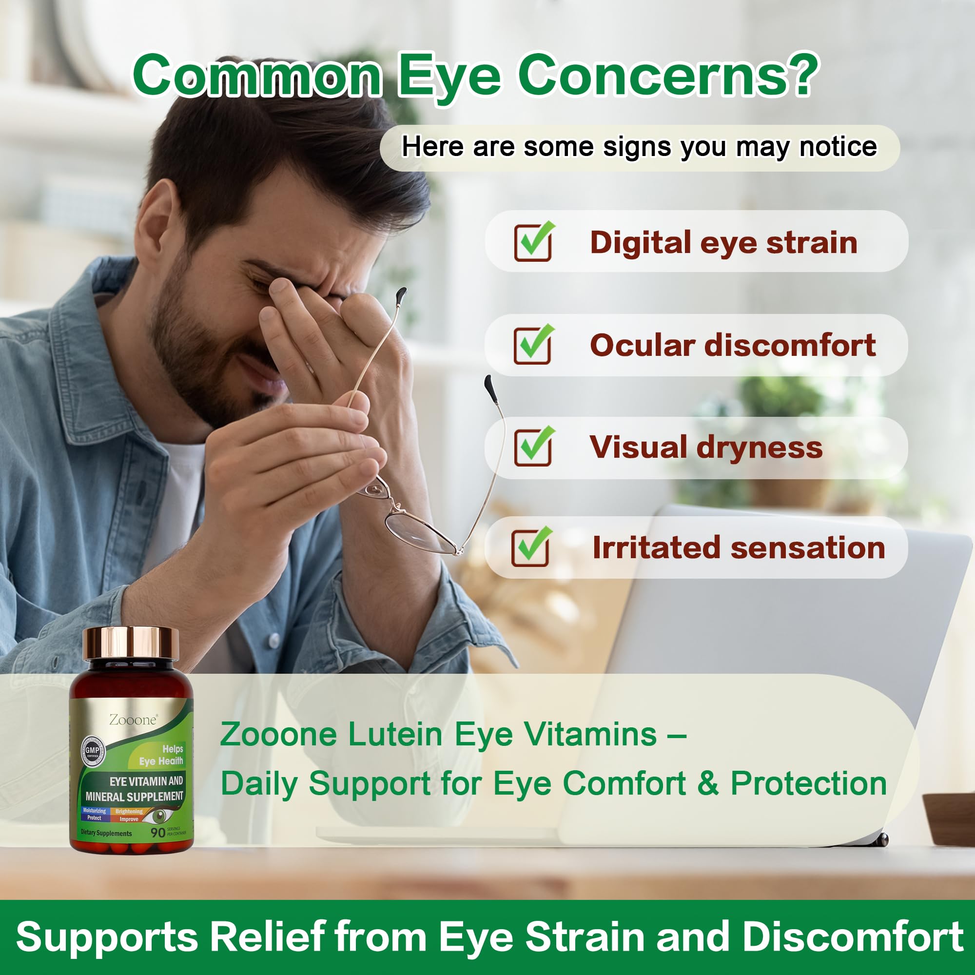 Close-up of Zooone bottle highlighting vision support graphic