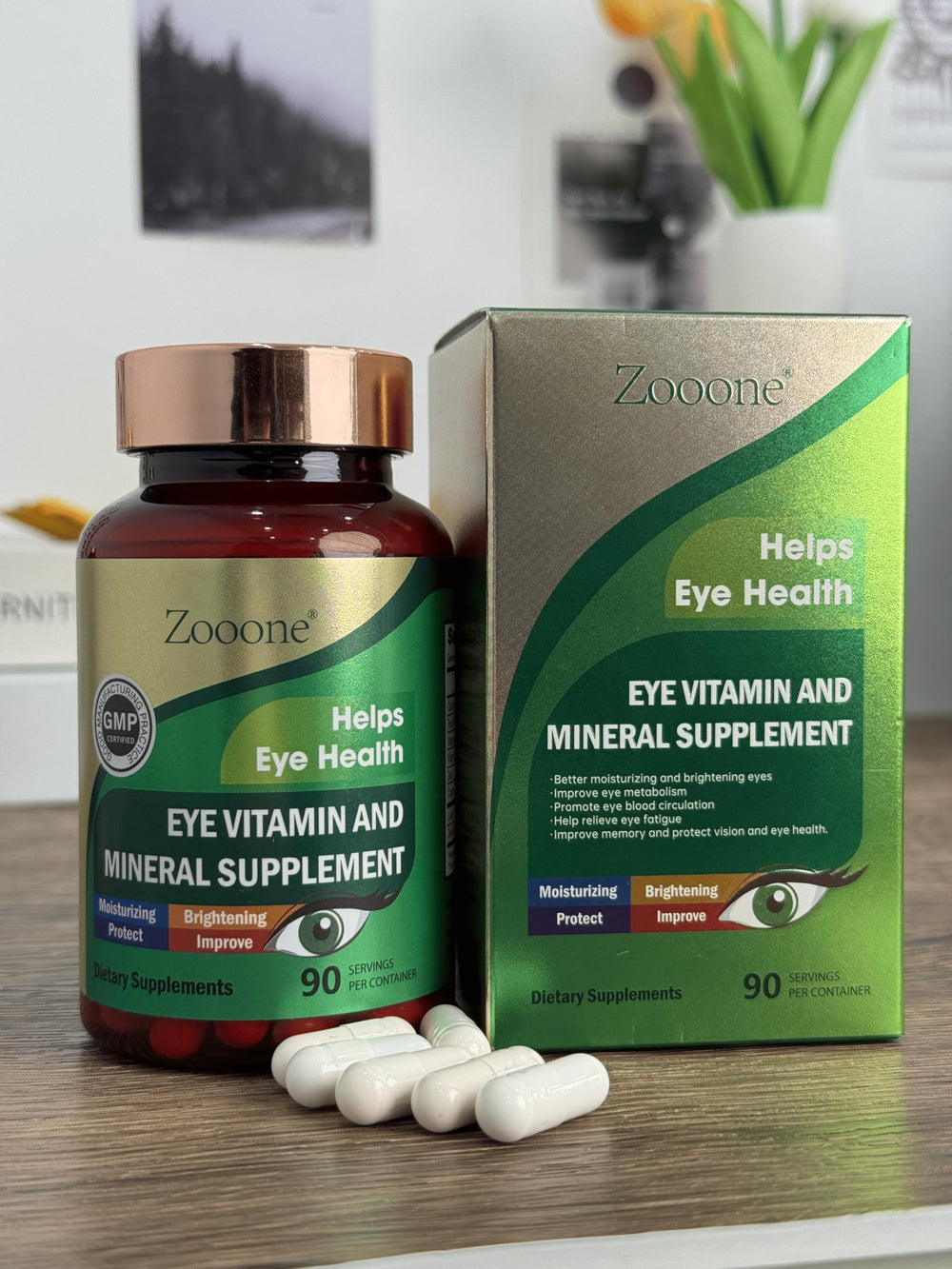 Macular health and vision support graphic with an eye icon