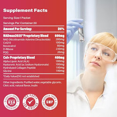 NAD+ supplement bottle with resveratrol and D-Ribose ingredients