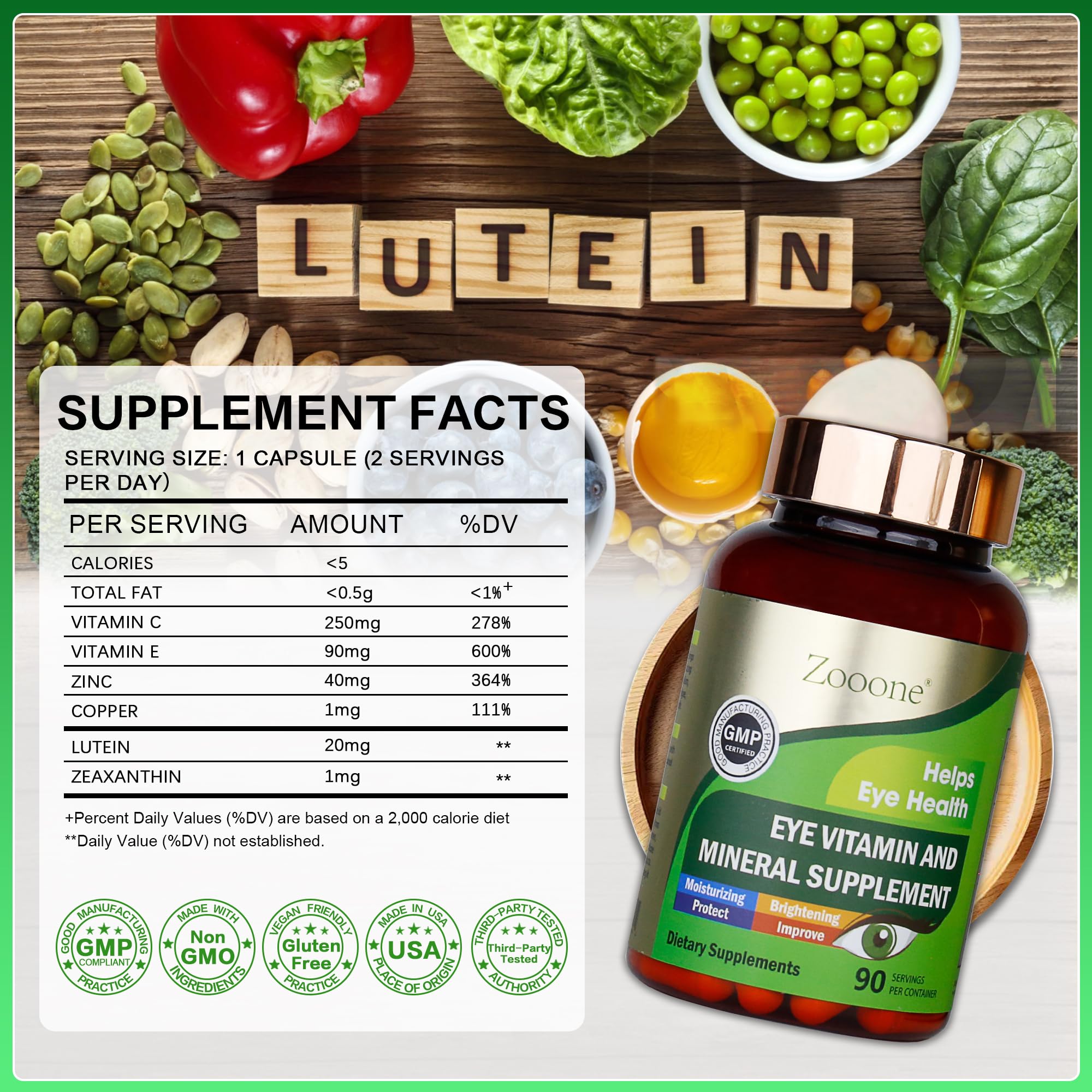 Label highlights lutein, zeaxanthin, zinc, and copper nutrients